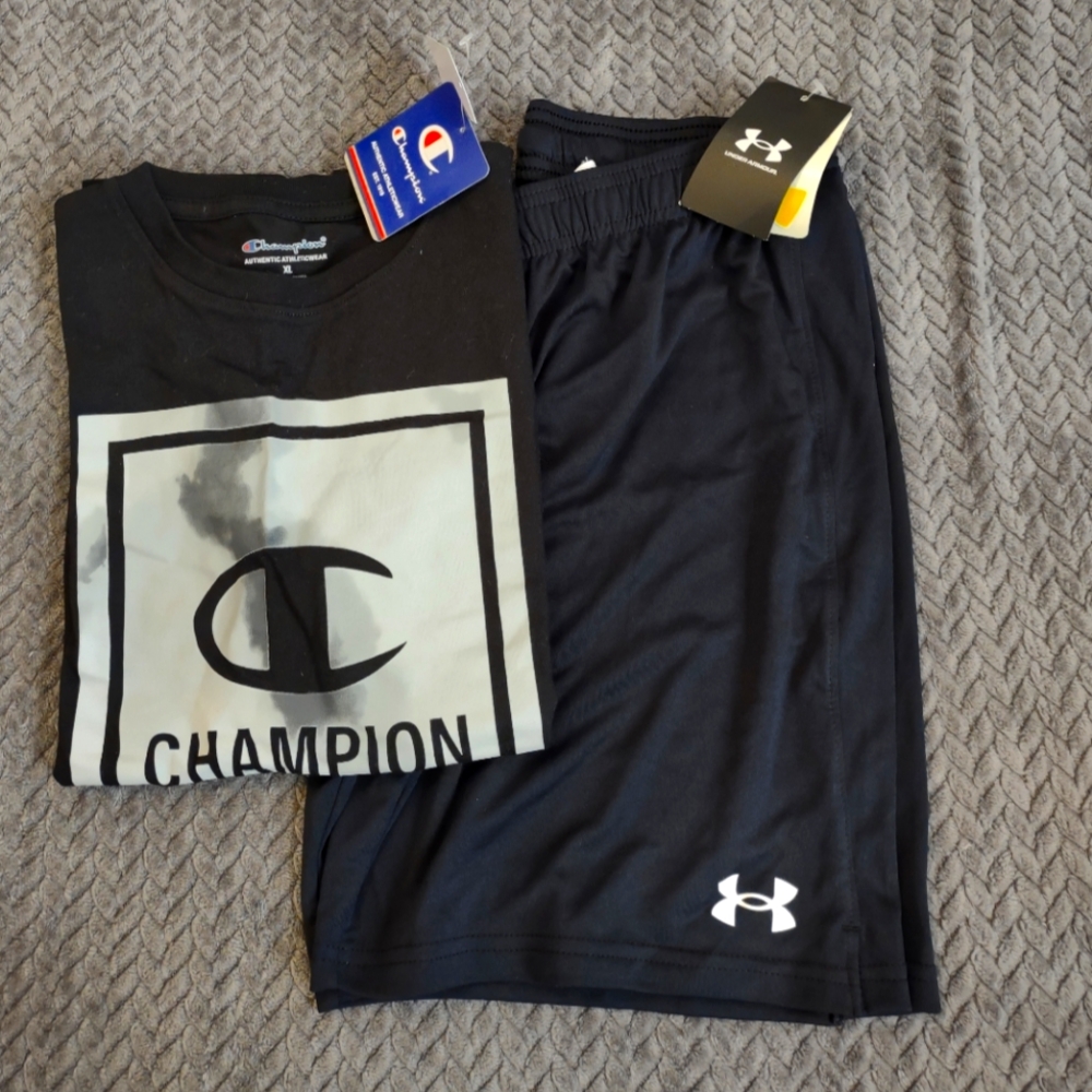Bundle of Boys Champion Tee and Under Armour Shorts, XL, NWT